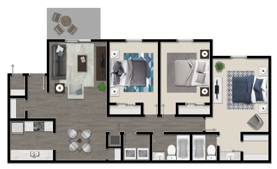 Floor plan for 3 beds, 2 baths, 1157 sqft